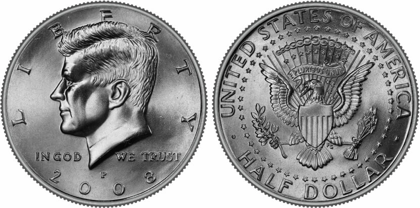 2008 Kennedy half dollar obverse and reverse showing the presidential portrait and eagle seal
