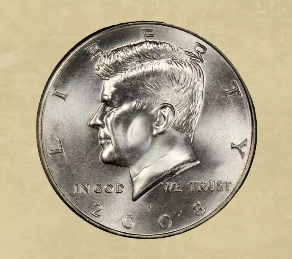 2008 Kennedy half dollar multiple strike error showing overlapping design impressions